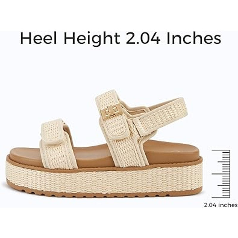 Lucky Step Womens Size 7 Tan Raffia Hook Loop 2" Platform Open Toe Sandal Shoes