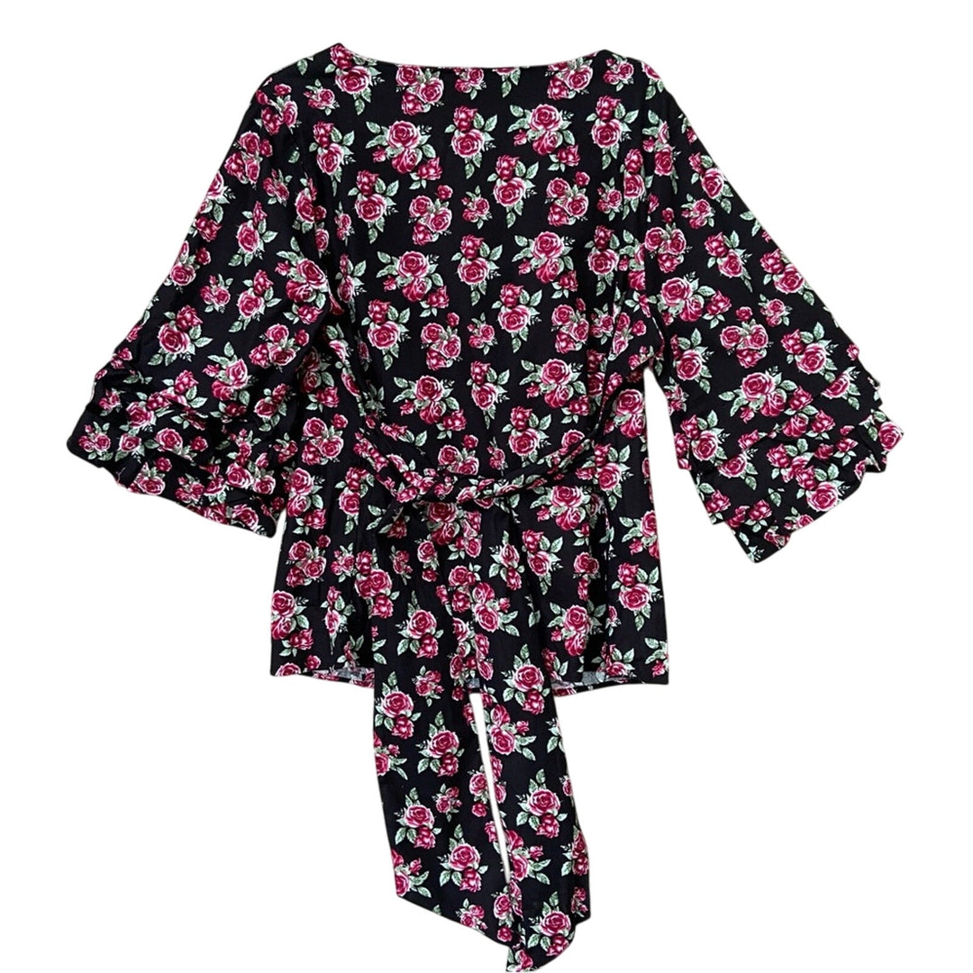 NWT New Ashley Stewart Womens Size 12 Floral Back Tie Tiered Half Sleeve Top