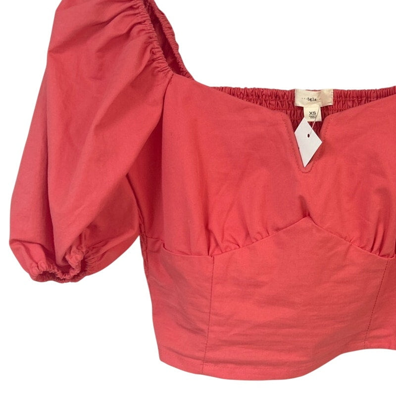 New Francescas Womens XS Coral Pink Cotton Blend Smocked Cropped Pouf Sleeve Top