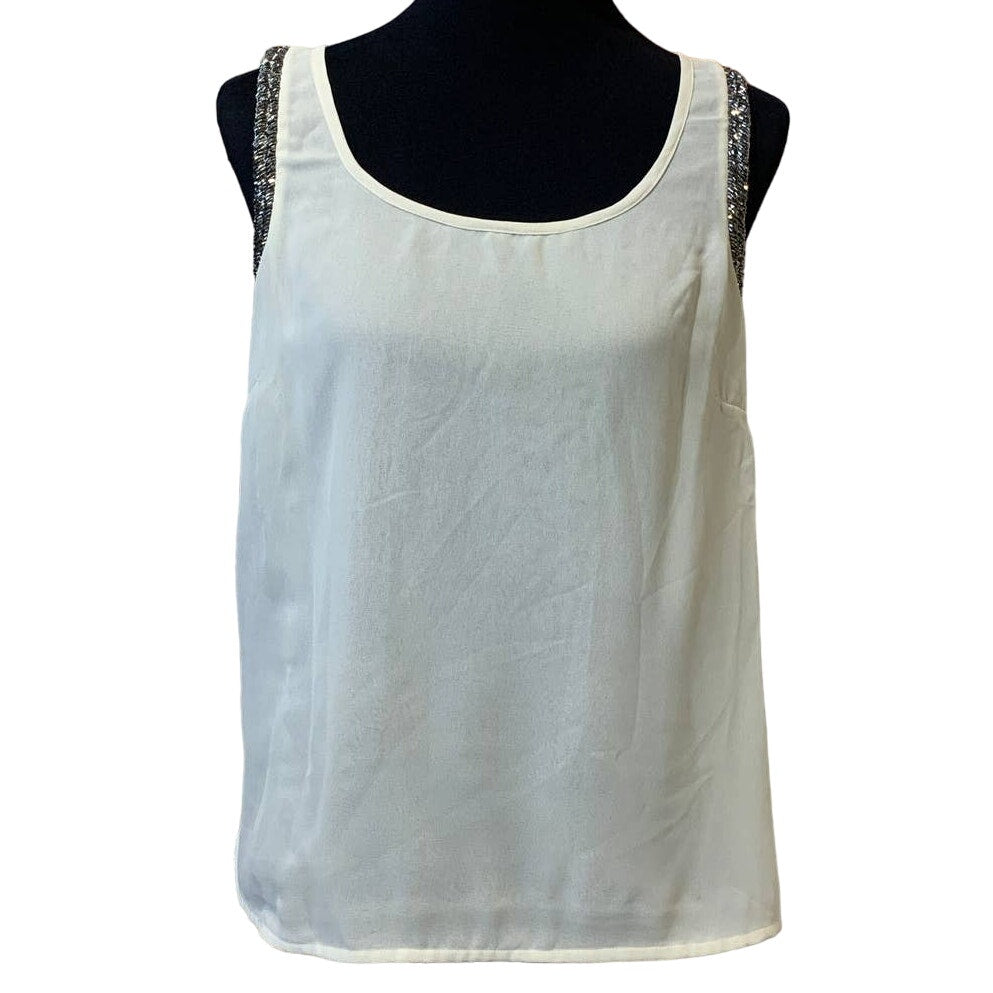 Willow &amp; Clay Womens Medium Sheer Sleeveless Silver Beaded Ivory Dressy Tank Top