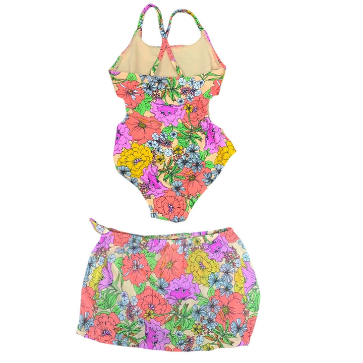 New Cat &amp; Jack Girls XS 4/5 UPF 50+ Botanical Floral 1PC Swimsuit Coverup Skirt