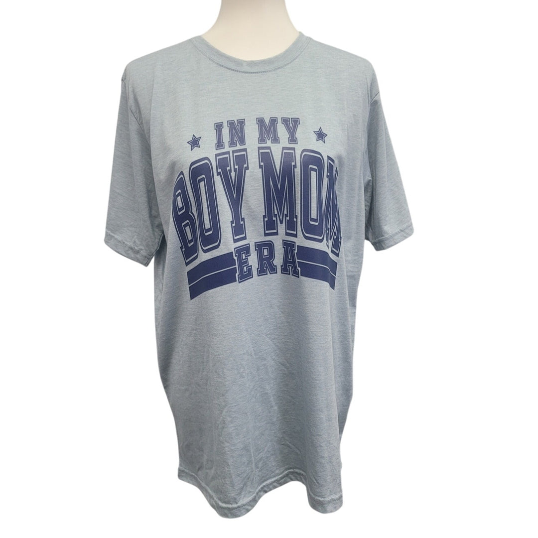 Hand Printed Upcycled Womens Large In My Boy Mom Era Short Sleeve Tee Shirt