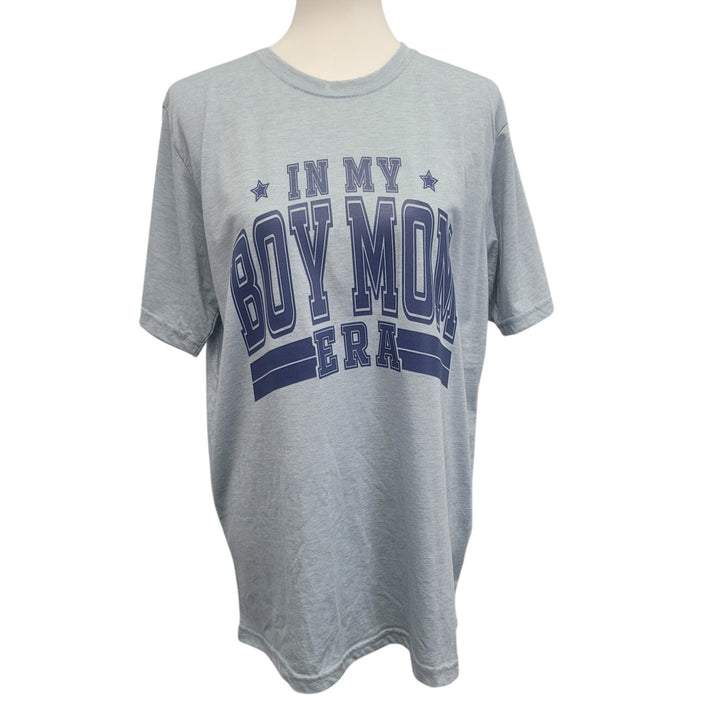 Hand Printed Upcycled Womens Large In My Boy Mom Era Short Sleeve Tee Shirt