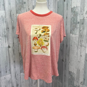 Hand Printed Upcycled Womens XL Vintage Reference Book Mushroom Fungi Tee