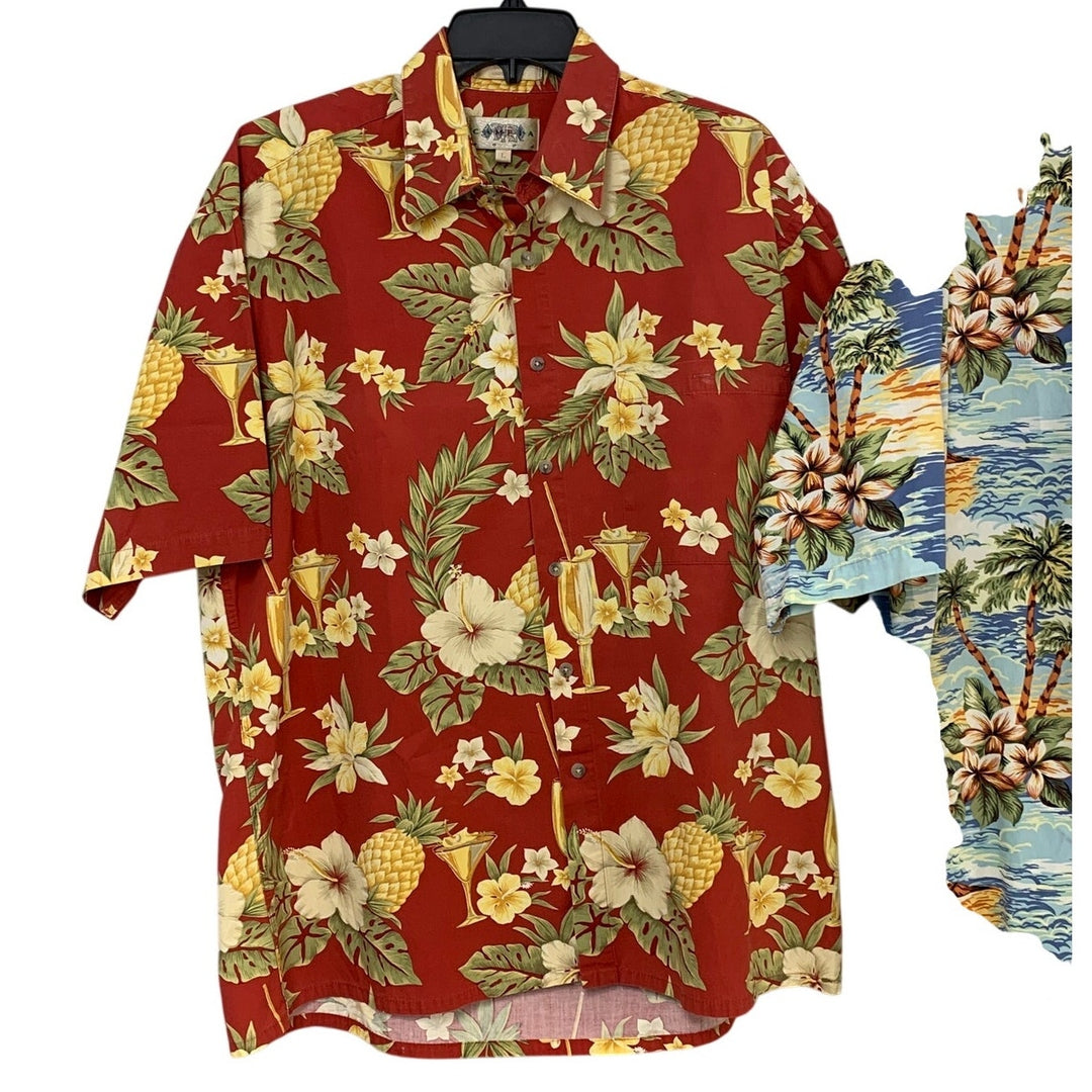 Lot of 2 Campia Moda Mens Large Tropical Blue Red Short Sleeve Button Up Shirts