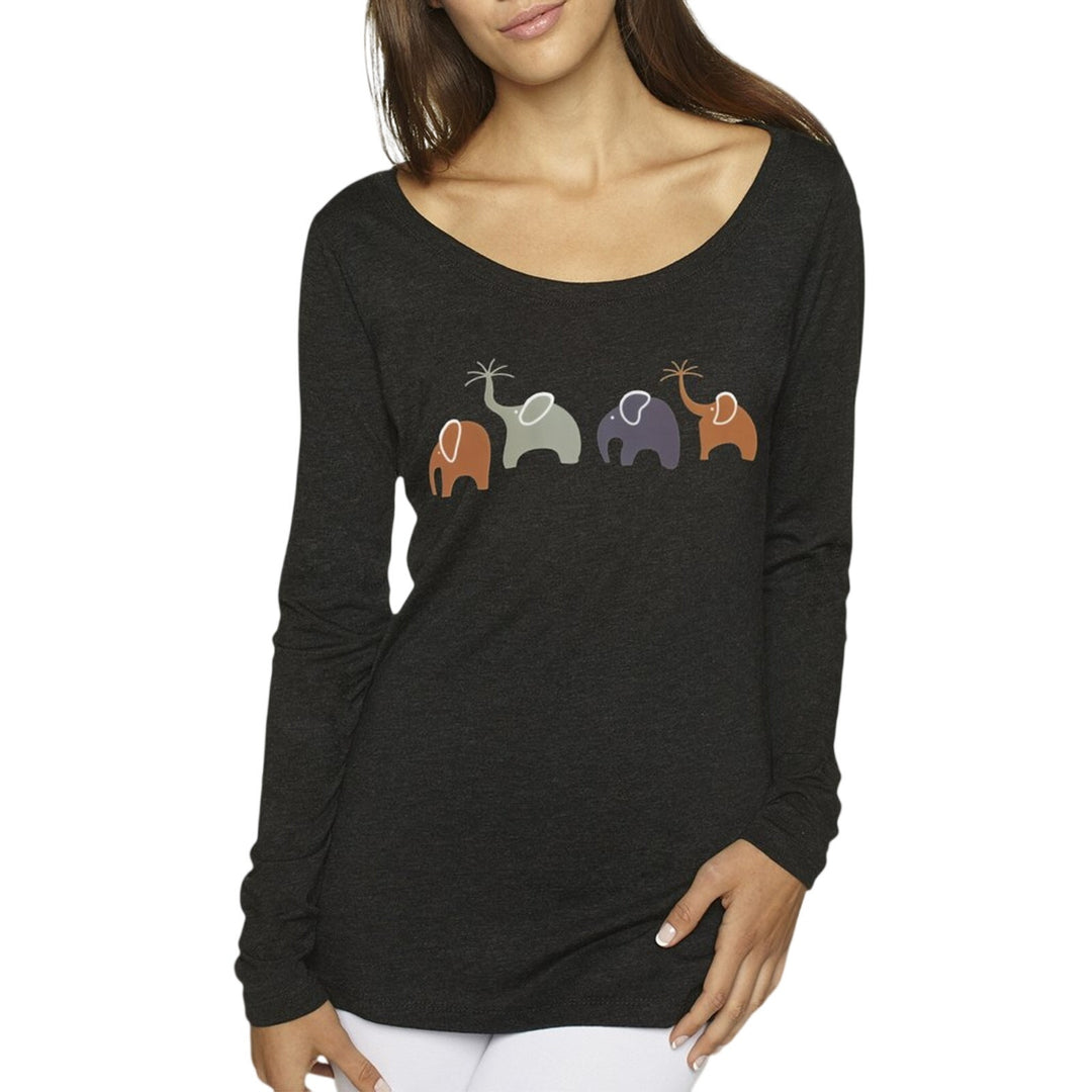 New Hand Printed Large Happy Elephant Family Cotton Blend Scoop Neck T-Shirt