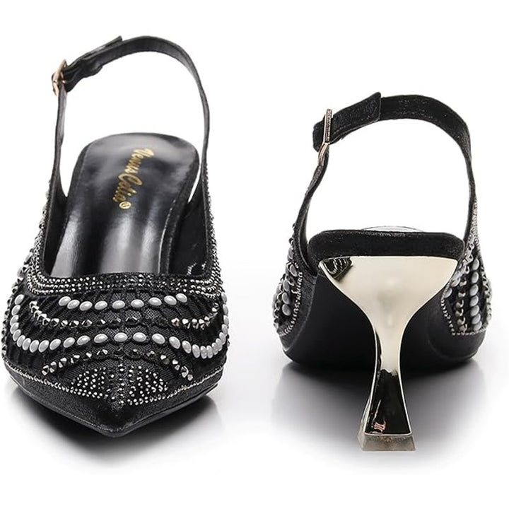 VenusCelia Womens 8.5 Black White Silver Beaded Pointy Toe 3" Slingback Heels