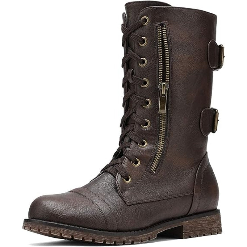 Dream Pairs Womens Size 6 Brown Faux Leather Mid Calf Hidden Wallet Combat Boots