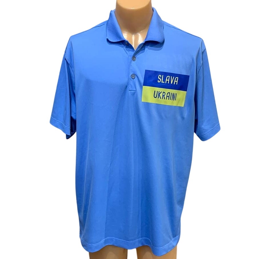 Upcycled Hand Printed Mens XL Nike Ukraine Flag Slava Ukraini Fundraiser Polo