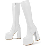 Wetkiss Womens Size 6 White Faux Leather 5.5" Platform Heel Knee High GoGo Boots