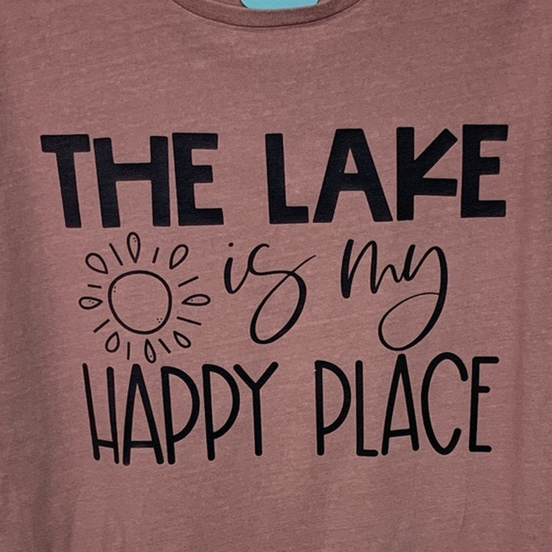 New Upcycled Hand Printed Womens Medium Lake Is My Happy Place Crew Neck Tee
