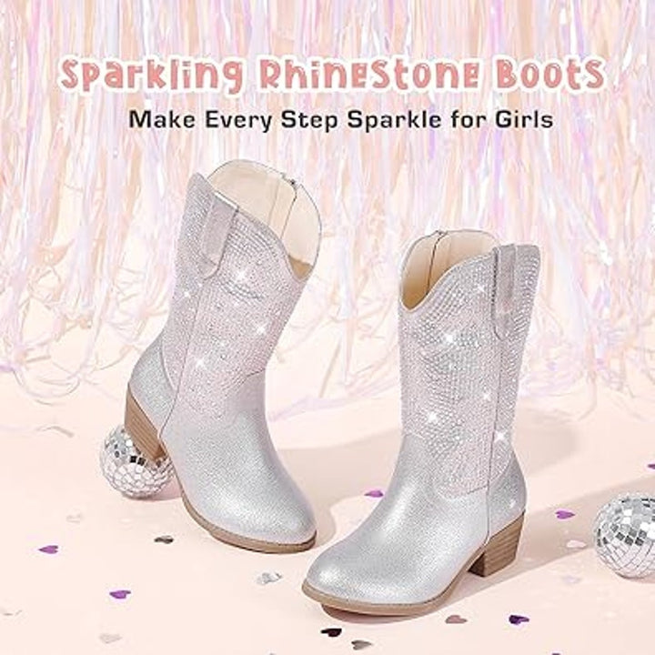 Motasha Big Girls Size 4 Rainbow Silver Rhinestone Sparkle Pull On Cowboy Boots