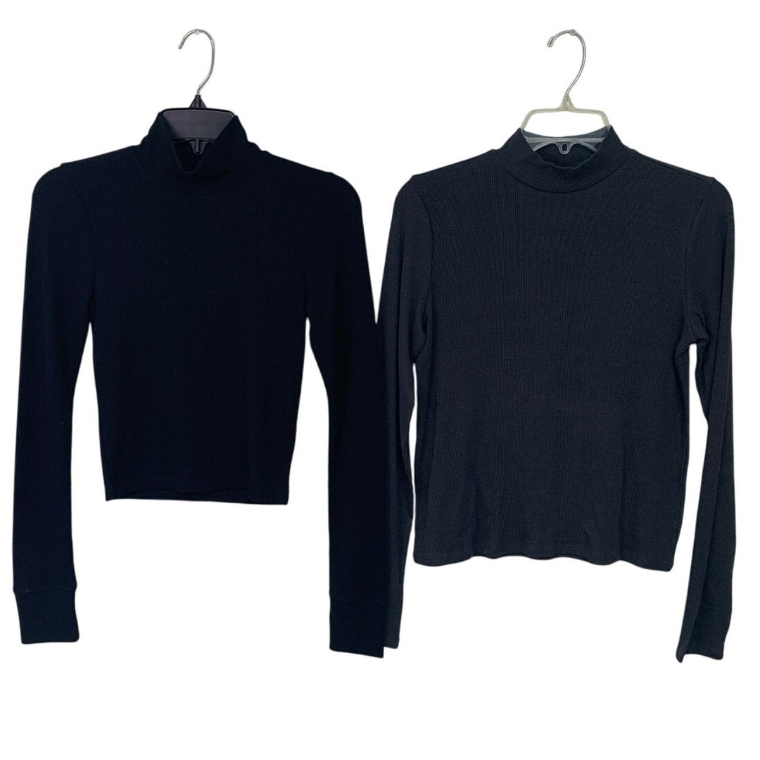 2 New American Eagle Womens Small Black Gray Turtle Neck Long Sleeve Ribbed Tops