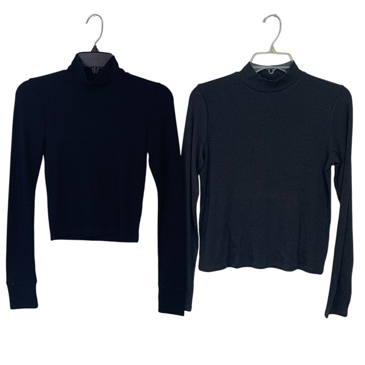 2 New American Eagle Womens Small Black Gray Turtle Neck Long Sleeve Ribbed Tops