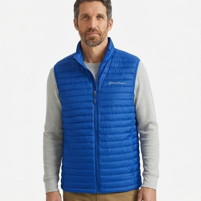 New Eddie Bauer Mens Medium Cobalt Blue Microlight 650FP Down Zip Up Puffer Vest