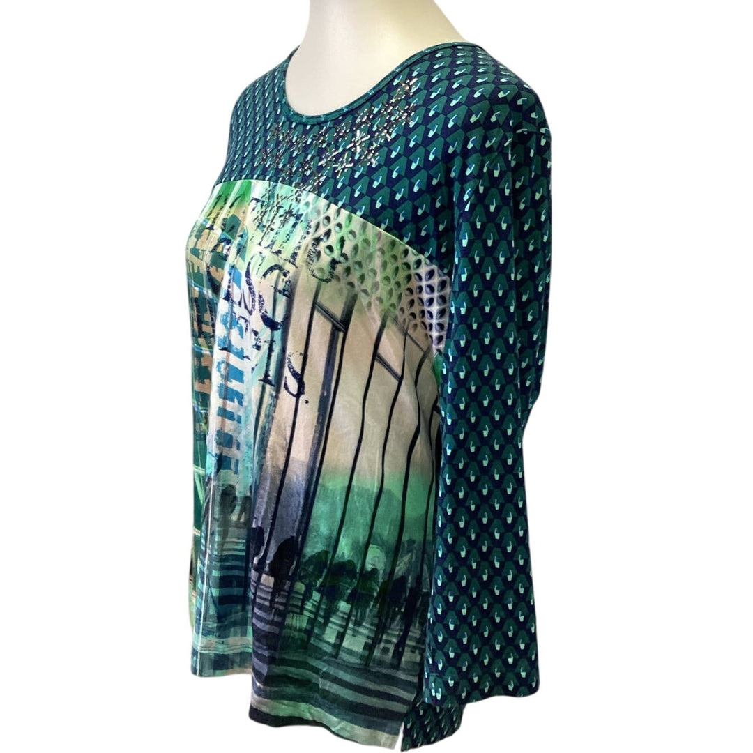 Rabe Size 14 Long Sleeve Flowy Beaded Stretchy Polyester Blend Crew Neck Blouse