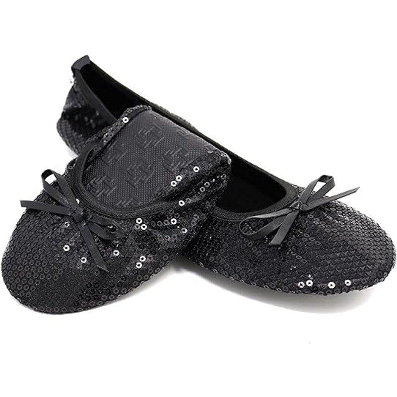 New Silky Toes Womens Medium Black Sequin Foldable Ballet Flats w Purse Case