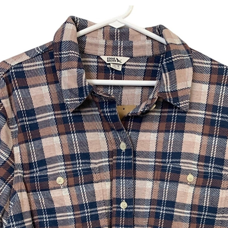 New Eddie Bauer Womens XL Plum Plaid Long Sleeve Soft Knit Button Down Shirt
