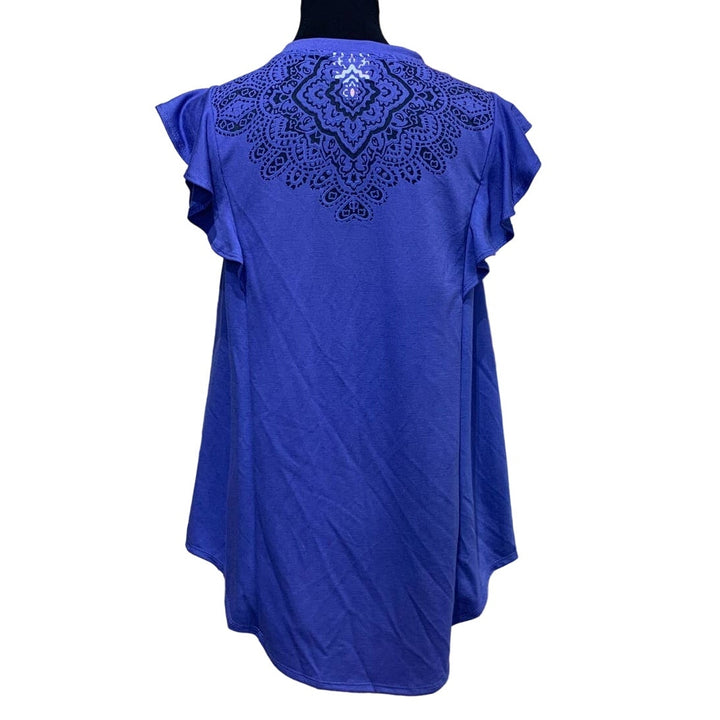 New Isabel Maternity Small Ruffled Sleeve Rayon Fancy Cut Out Flowy Blouse Top