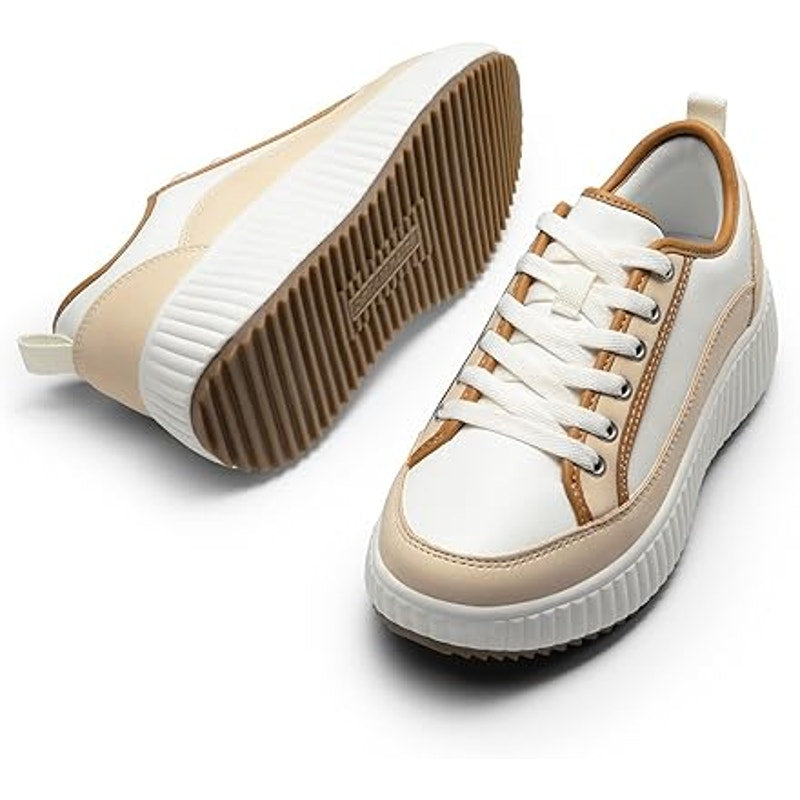 Dream Pairs Women Size 7.5 White Tan Faux Leather Lace Up Platform Sneaker Shoes