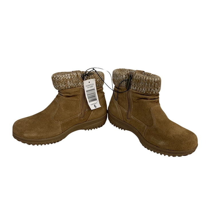 New Khombu Womens 6 Brown Ankle All Weather Boots Suede Round Toe Knit Top Shoes