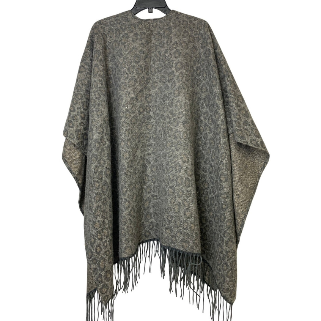 Womens One Size Gray Soft Leopard Print Open Front Tassel Knit Shawl Coverup