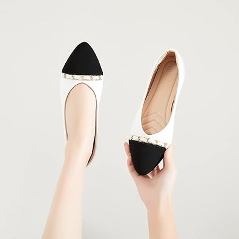 New Babudog Womens Szie 11 White Black Gold Chain Pointy Toe Slide On Flat Shoes
