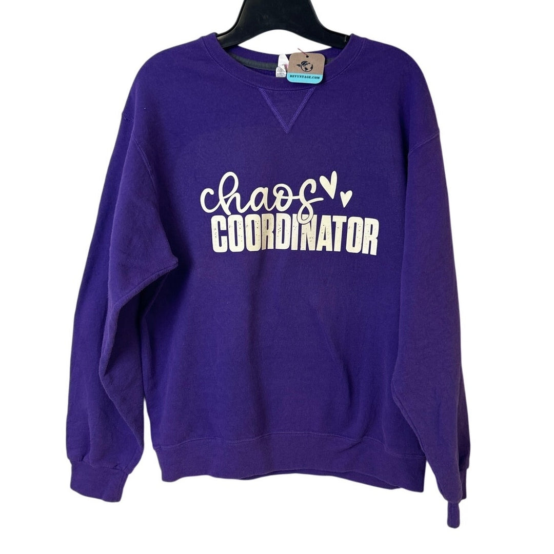 Upcycled Hand Printed Womens Medium Chaos Coordinator Long Sleeve Sweatshirt