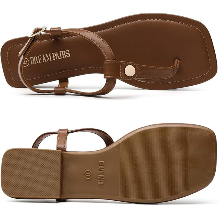 Dream Pairs Womens Size 8.5 Brown T Strap Sandal Flip Flop Square Toe Shoes