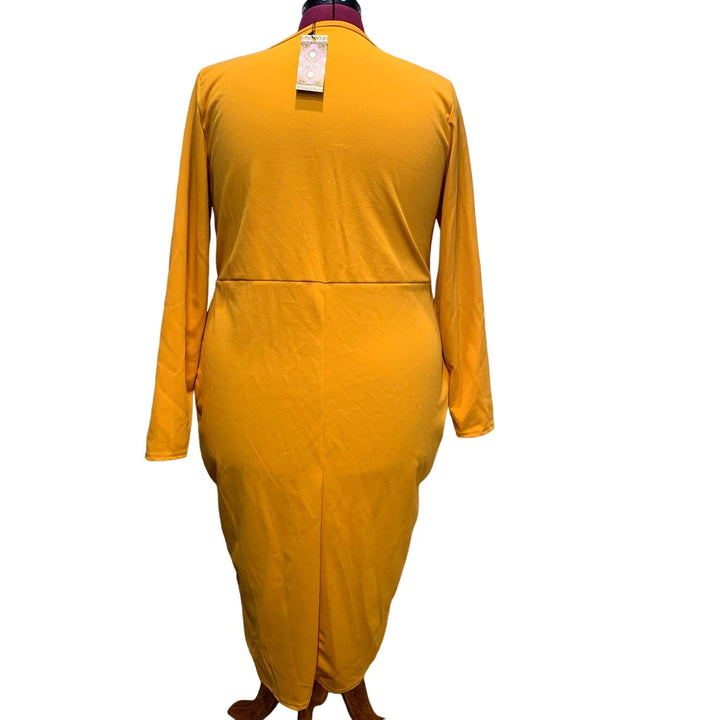 New Plus 16 Boohoo Deep V Plunge Faux Wrap Midi Mustard Yellow Long Sleeve Dress