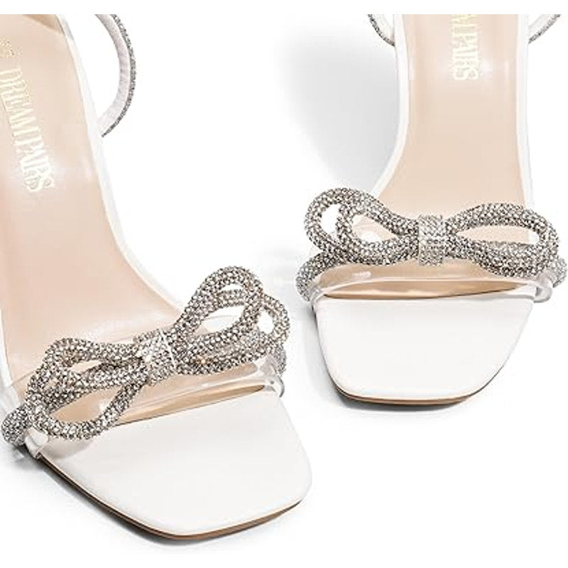 Dream Pairs Womens 10 White Silver Rhinestone Bow Ankle Strap 4.5" Heels Shoes