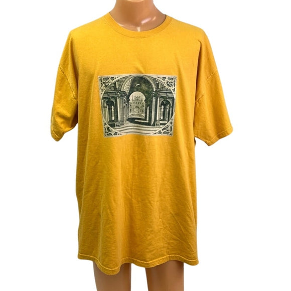 Hand Printed Mens 3XL Upcycled Architecture Columns Castle Short Sleeve Tee
