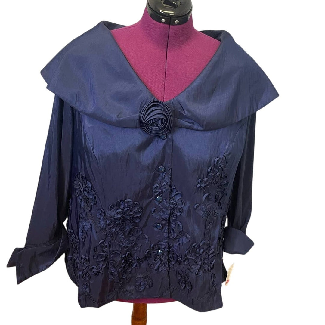 New Onyx Nite Wendye Chaitin 2X Navy Blue Floral Embellished Formal Buttoned Top