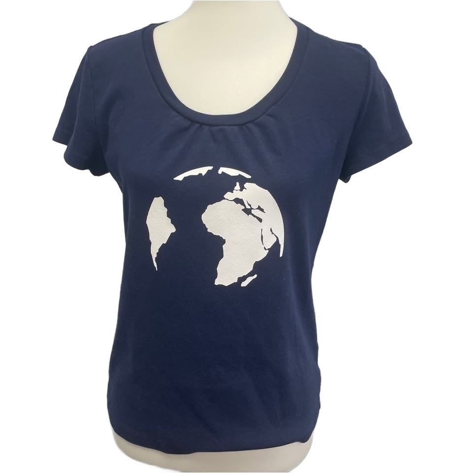 Hand Printed Upcycled Womens Navy Petite Large PL Earth Globe World Tee Shirt