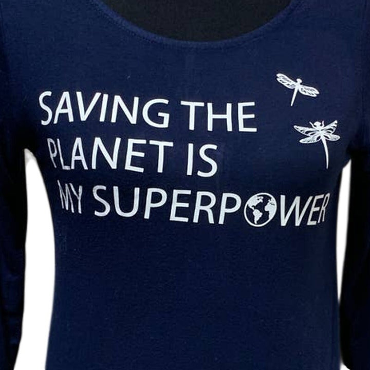 Hand Printed Upcycled Womens Large Dragonfly Saving the Planet Superpower Blouse