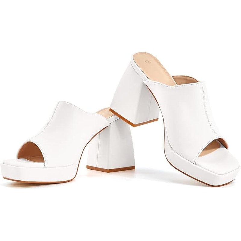 Coutgo Womens 6.5 White Faux Leather Open Toe 4" Block Heel Slide On Mule Shoes