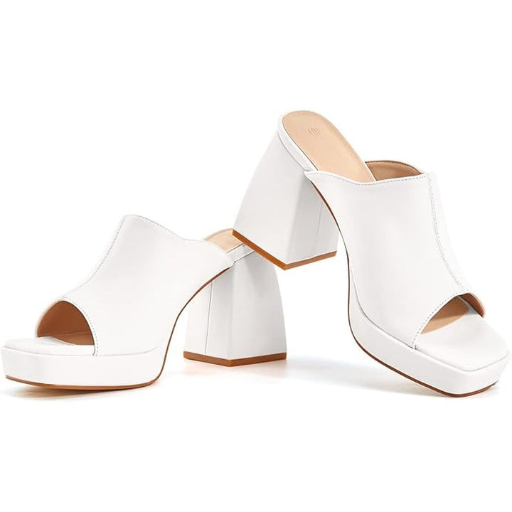 Coutgo Womens 6.5 White Faux Leather Open Toe 4" Block Heel Slide On Mule Shoes