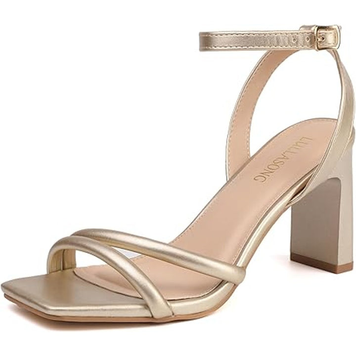 Lullasong Womens Size 10 Shiny Gold Open Toe 3.5" Heel Ankle Strap Sandals Shoes