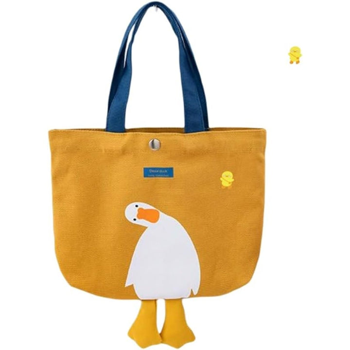 New Small Cute Canvas Curious Duck Canvas Double Handle Snap Closure Tote Bag