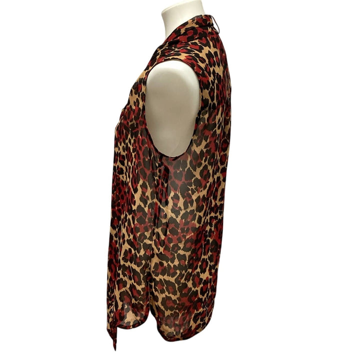Anne Klein Small Polyester Sleeveless Sheer Red Black Leopard Spot Tank Blouse
