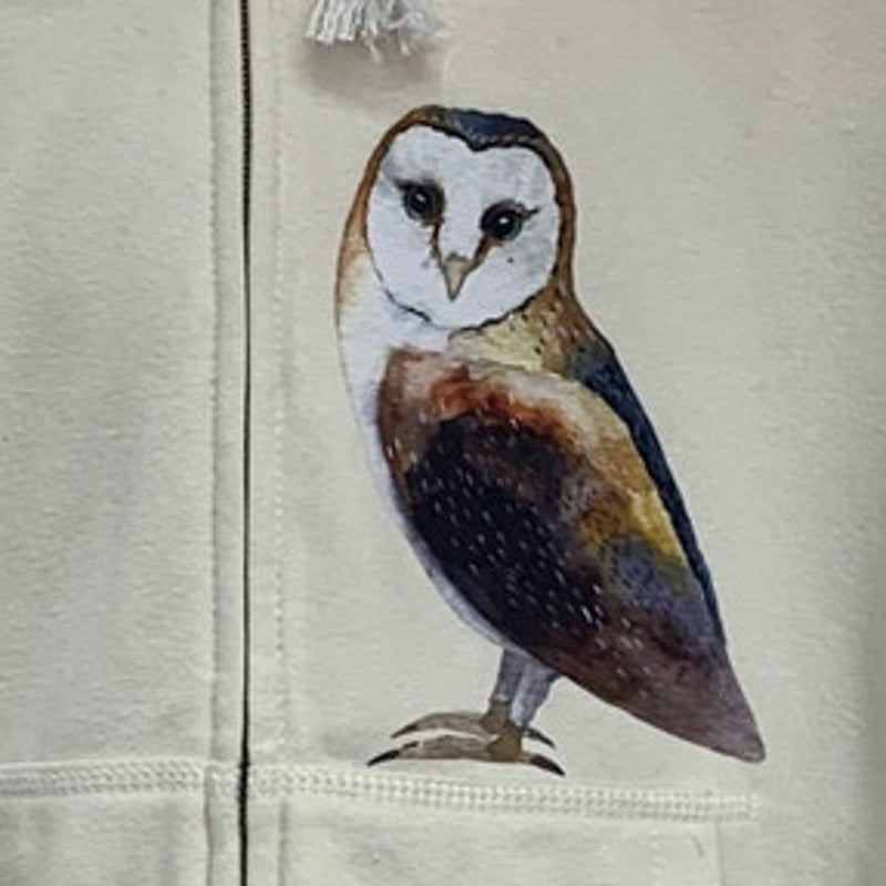 New Handprinted Womens Medium Woodland Owl Bird Zip Up Long Sleeve Hoodie Jacket