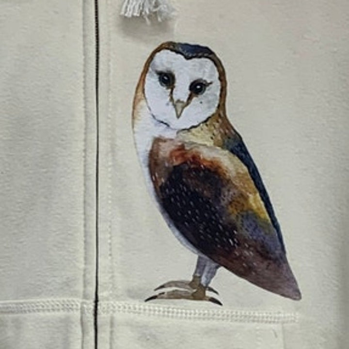 New Handprinted Womens Medium Woodland Owl Bird Zip Up Long Sleeve Hoodie Jacket