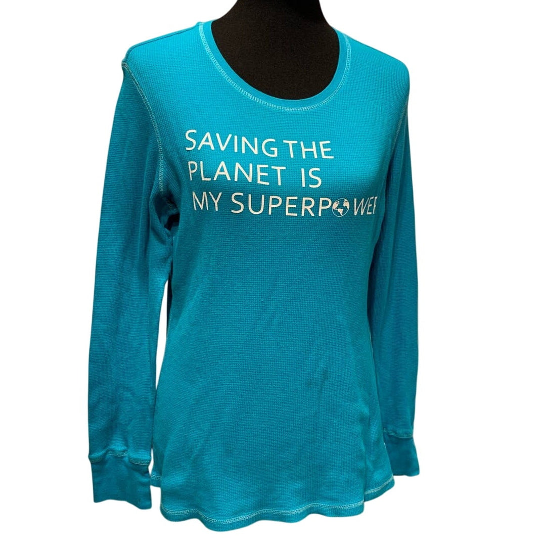 Hand Printed Upcycled Womens XL Saving the Planet Superpower Long Sleeve Top
