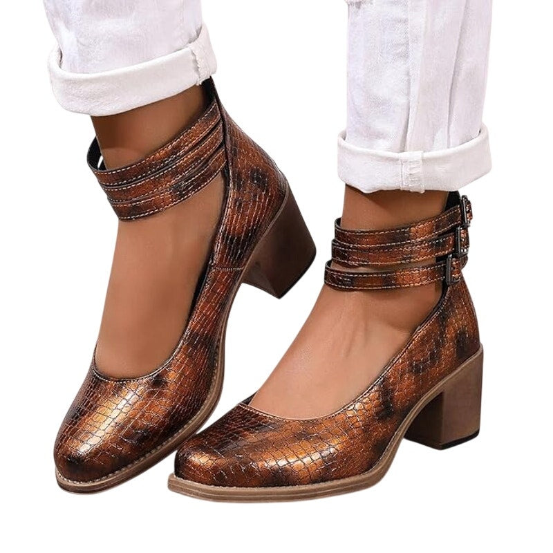 Womens Size 9.5 Copper Black Faux Snake Skin 2.5" Block Heel Mary Jane Shoes