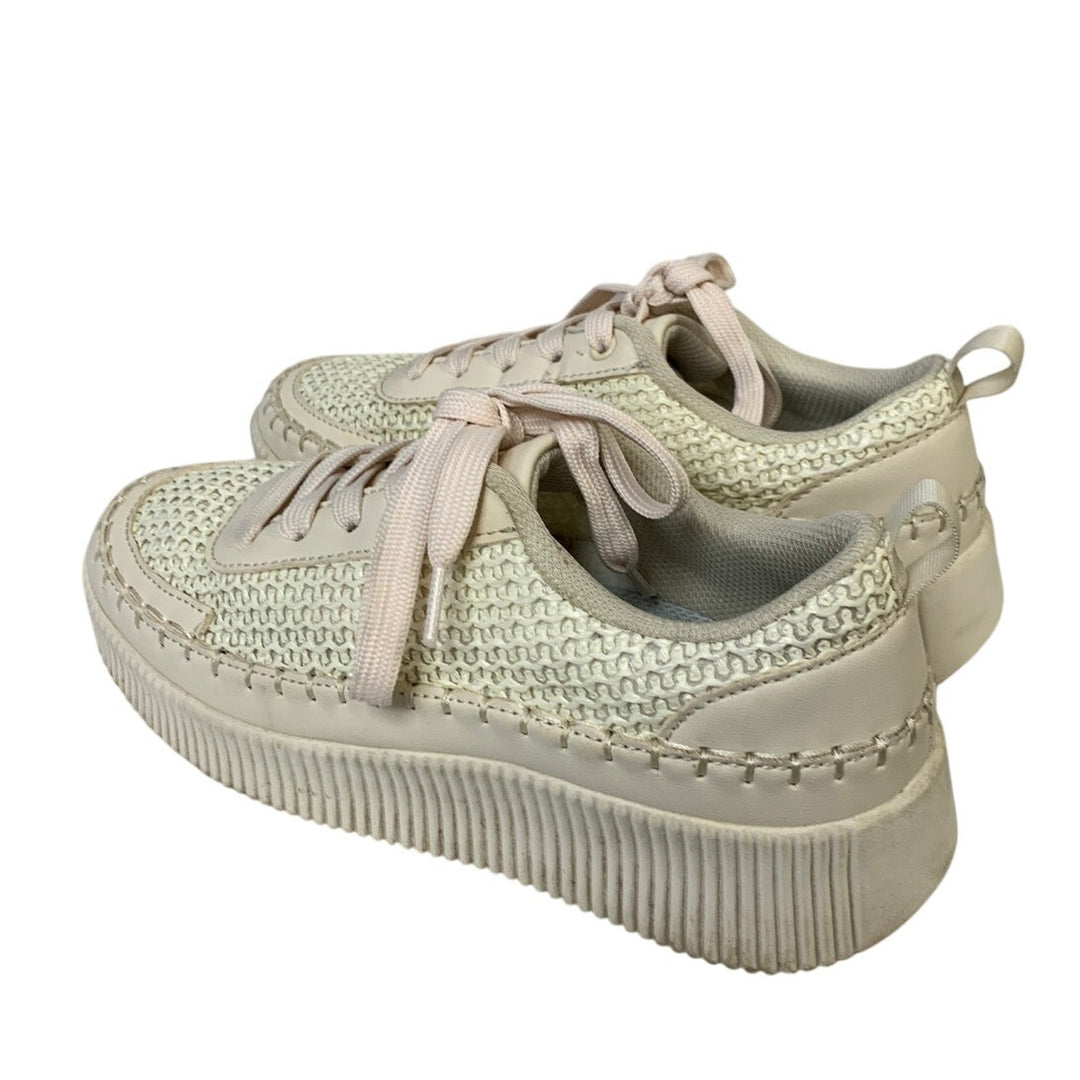 Lucky Step Womens Size 7 Beige 1.5" Heel Sneakers Lace Up Knit Casual Shoes