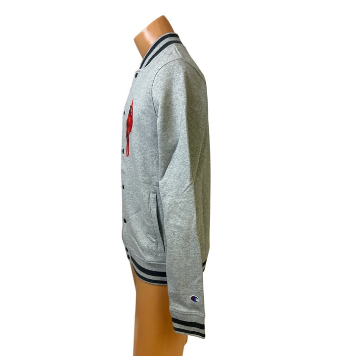 New Champion Mens Small Gray Snap Up Hand Printed Cardinal Bird Bomber Jacket
