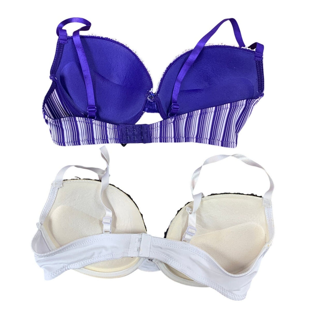 2 Womens Size 36D Padded Striped Lace Trim Adjustable Straps Push Up Bra