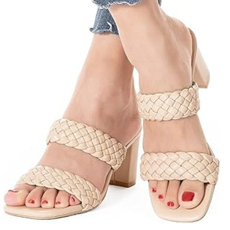 New NNG Womens Size 10.5 Tan Faux Leather Open Toe 3" Heel Slide On Sandal Shoes