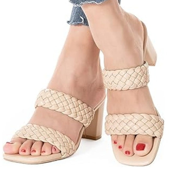 New NNG Womens Size 10.5 Tan Faux Leather Open Toe 3" Heel Slide On Sandal Shoes