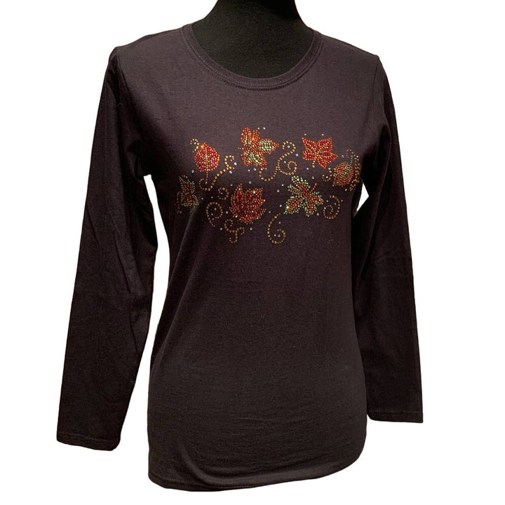 New Hand Printed Small Cotton Rhinestone Fall Autumn Leaf Long Sleeve Black Tee